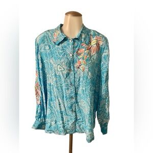 Bob Mackie Wearable Art Shirt Womens L Large Blouse Silk Blue Embroidered LN Top